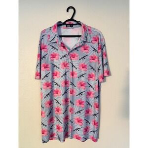 ACE Mens XL Hibiscus AK47 Rifle Print Polo Shirt Light Blue Pink NoveltyTactical